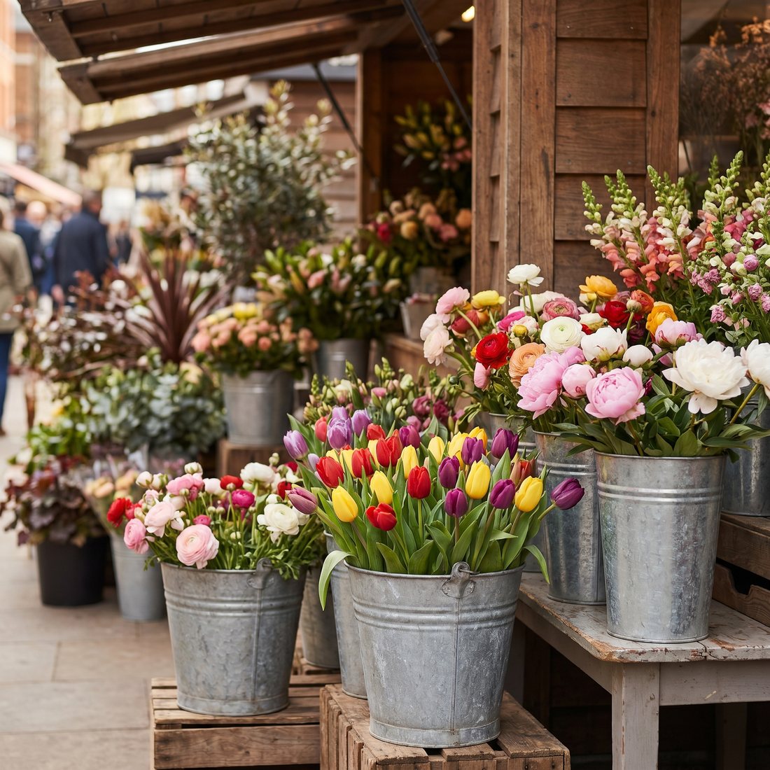 Zinken emmers vol kleurrijke tulpen, ranonkels en pioenrozen
