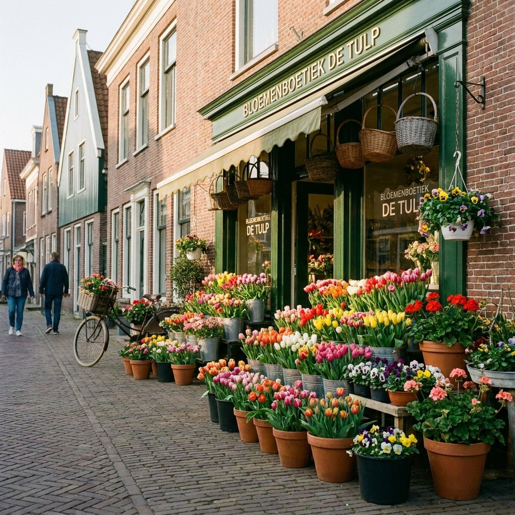 Kleurrijke bloeiende planten buiten voor de winkel in het ochtendlicht