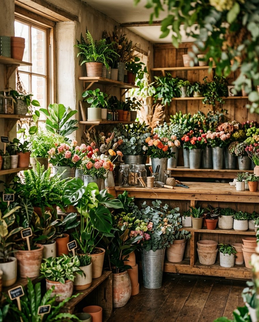 Sfeervol interieur van de winkel met kamerplanten in terracotta potten en emmers verse bloemen