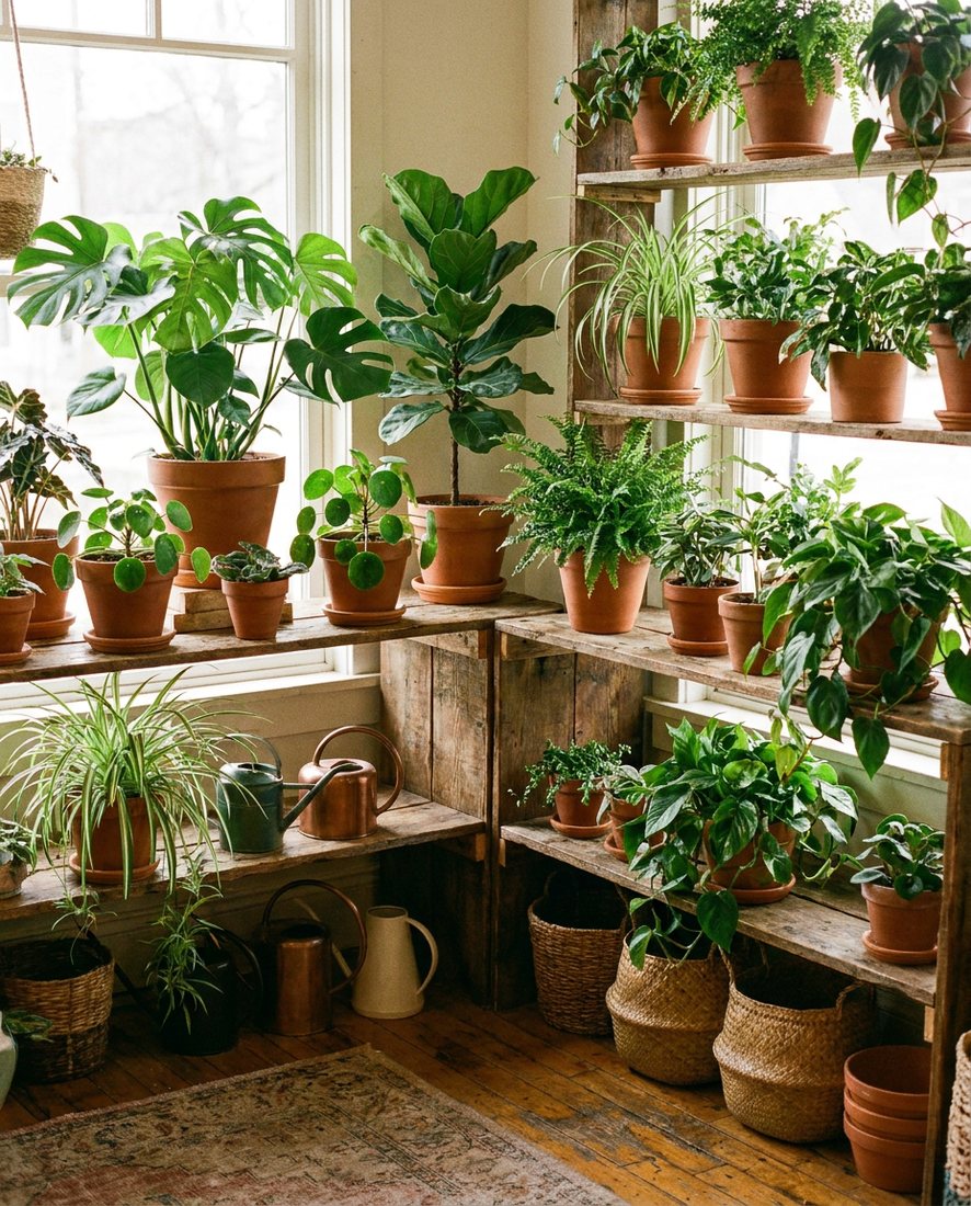 Kamerplanten in terracotta potten op houten schappen in de winkel