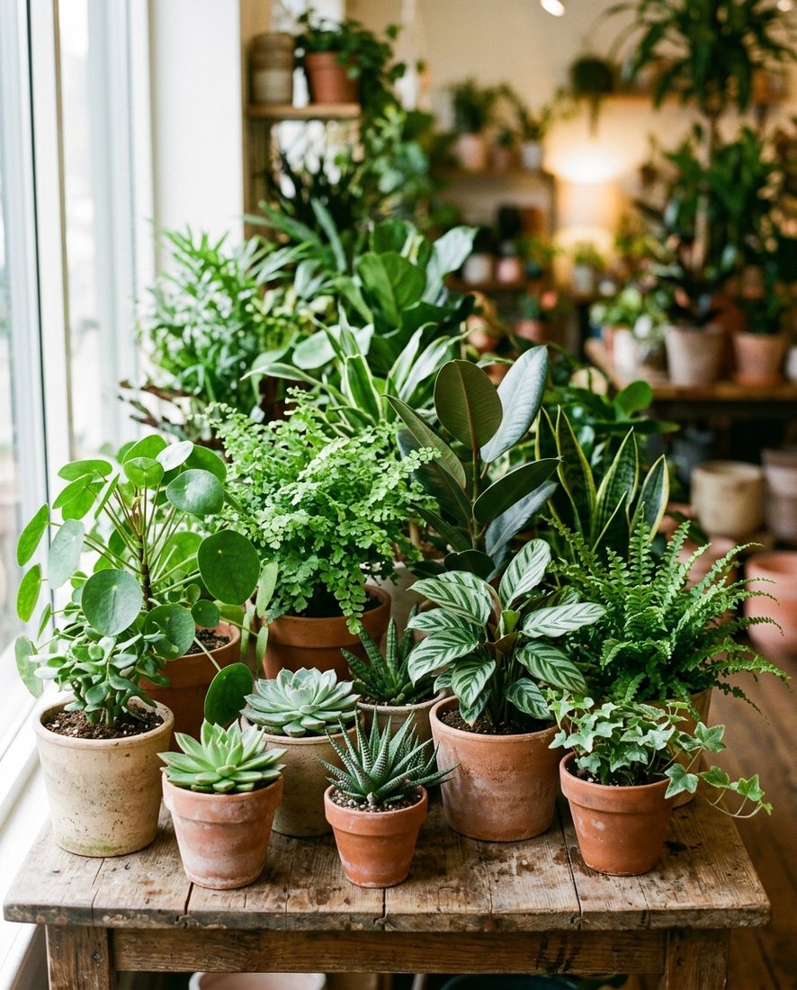 Assortiment kamerplanten en tuinplanten in terracotta potten